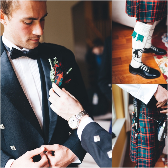 Photo of groom putting on his scottish attire and details for Scottish American wedding captured by Ardita Kola Photography